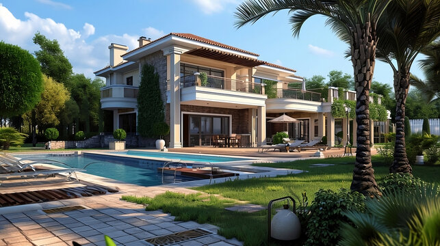 Luxurious Two-Story Villa with Modern Architecture and Pristine Pool, Concept of Opulence and Tranquility in Tropical Landscapes, Ideal for Luxury Home Concepts and Modern Living