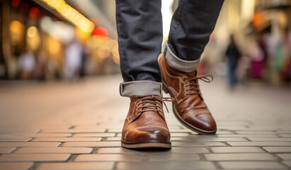 close-up shot capturing the shoes of a person walking down the street - city trip travel adventure promotion ad asset illustration - obrazy, fototapety, plakaty