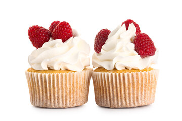 Tasty raspberry cupcakes on white background