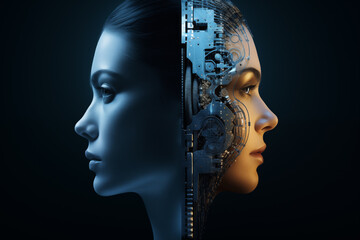 A split image between a human woman and ai robot girl. Depicting the future of a digital world.  