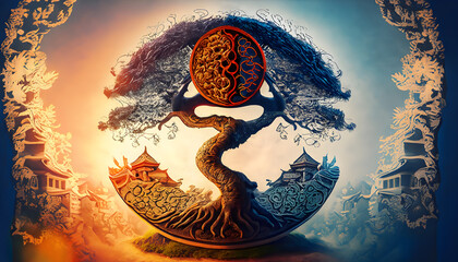 Illustration of Ying yang of balance Yggdrasil tree of life Norse mythology. Balance concept. Generative Ai. - obrazy, fototapety, plakaty