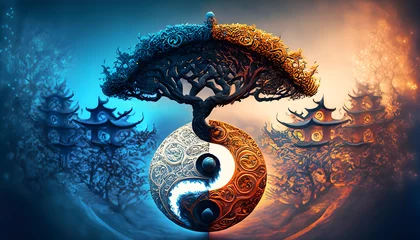 Foto op Canvas Illustration of Ying yang of balance Yggdrasil tree of life Norse mythology. Balance concept. Generative Ai. © Peachaya
