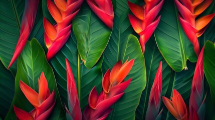 Tropical heliconia flowers with bold reds and greens generative ai - obrazy, fototapety, plakaty