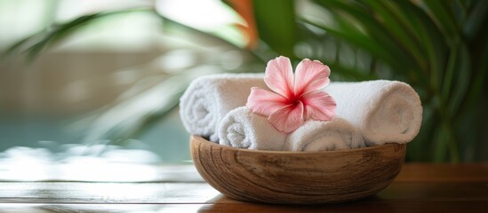 Obraz na płótnie Canvas Necessary items for the spa (towel and flower on bowl)