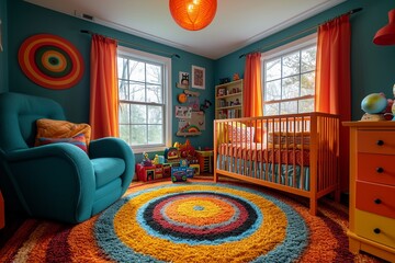 Retro pop art baby room with bold colors and vintage toys