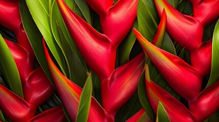 Tropical heliconia flowers with bold reds and greens generative ai