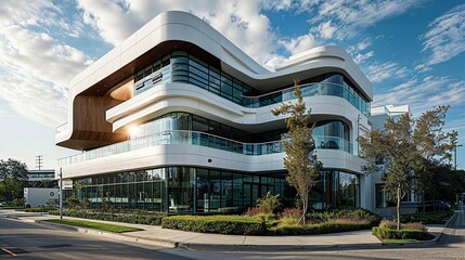 Panoramic view of a luxury dental clinic's facade, showcasing its modern architecture and premium branding, set in an affluent neighborhood, illustrating the clinic's prestigious status and appeal