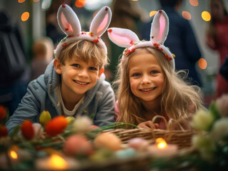 Candid children wearing bunny ears and painting Easter eggs, their faces lit up with smiles, capturing the innocence and happiness of Easter festivities