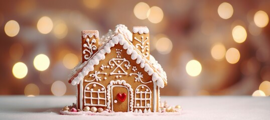 Gingerbread house on snow with bokeh lights on background