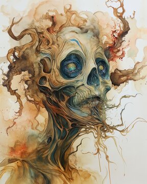 a digital painting of a skeleton soul, demon evil skull head, old ghost face watercolor digital painting on canvas, abstract funny portrait of monster with horns and branches on head, AI Generated.