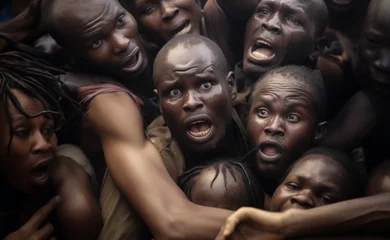 Poster Humanitarian drama with many African black immigrants crammed into a small boat. Migration social issues. © Domingo