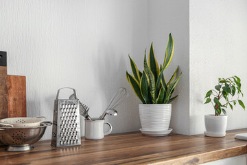 Wooden countertop with utensils and houseplants in modern kitchen, closeup