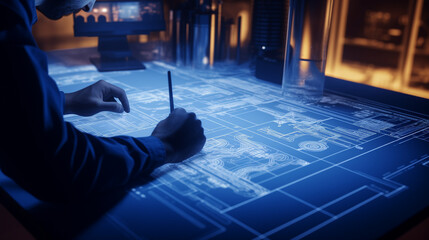 Architect planning the urban map of a futuristic city with a blue holographic buildings. Planning for the cities of the future with digital technology for a virtual metaverse