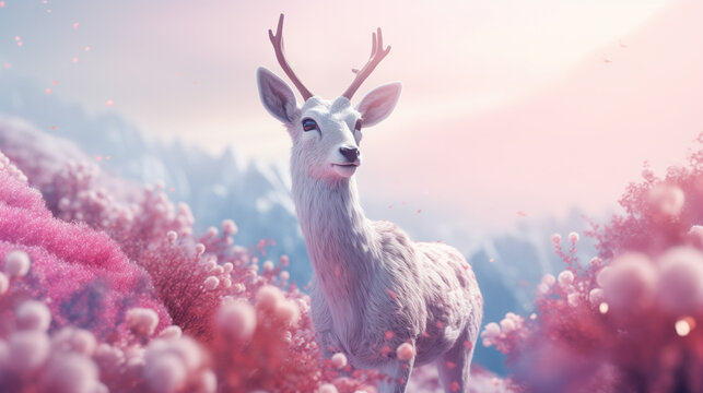 Outdoor dream setting with a white fawn in a landscape of beige and pink hues, bathed in ethereal light, with snowy mountains in the backdrop © Domingo