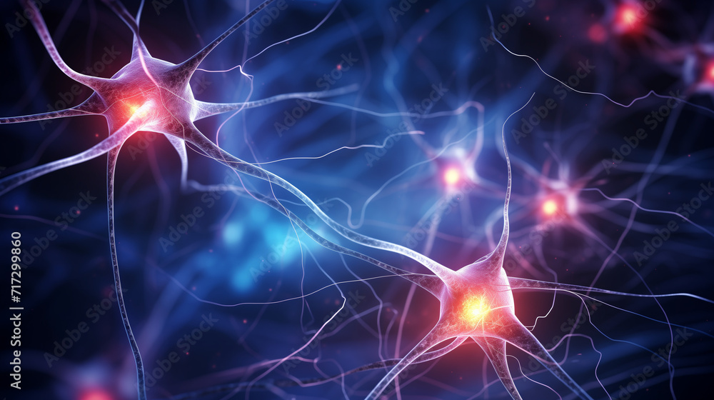Wall mural close-up of blue neural networks, with synapses transmitting information within a brain. neuroscienc