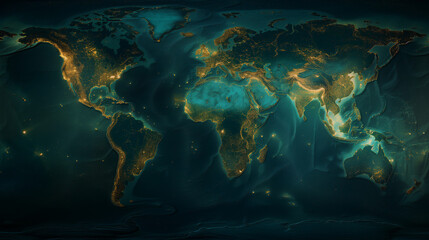 Fototapeta na wymiar A night view of Earth from space, highlighting illuminated cities and populated areas, surrounded by the dark blue oceans and seas