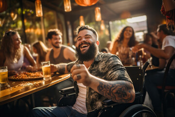 Young man in a wheelchair celebrating St. Patrick's Day in a bar. Generative AI. - obrazy, fototapety, plakaty