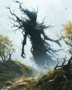 A dark soul is standing in a meadow, the guide spirit is in the field, a black ghost talking, a guardian of nature and king of the forest, the queen on jungle, shadow of nightmare, AI Generated.