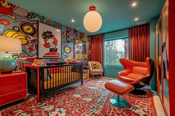 Vibrant child's room showcases an eclectic mix of pop art graphics, a bold red and black crib, and...