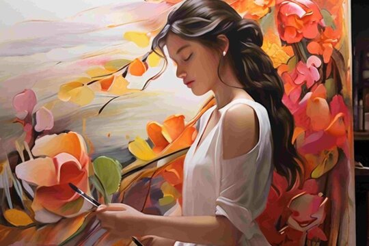 woman with a bouquet of flowers painting art gallery 