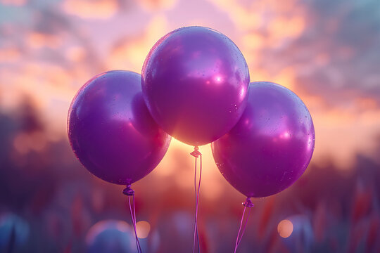 Purple balloons floating with sunset background at an epilepsy awareness fundraiser. Purple day.