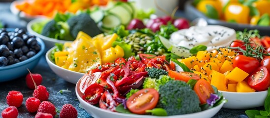 Selective focus on homemade rainbow salads with vegetables, quinoa, Greek yogurt and fruit.
