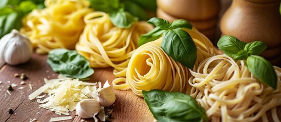 Close up view of various Italian pasta types, fresh basil, and garlic on a wooden cutting board.