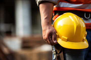 builders helmet, Safety workwear concept, safety helmet, Male hand holding, construction helmet, copy space