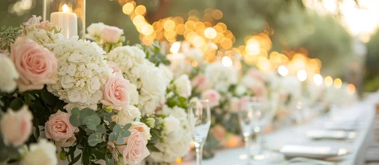 Afwasbaar fotobehang The wedding banquet in the olive grove corner table is adorned with roses and hydrangeas, creating a light and elegant ambiance in white and pink hues. © TheWaterMeloonProjec