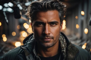 A serious and handsome man with dark hair, a beard, and expressive eyes, looking fashionably intense in a close-up portrait