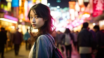 Foto op Plexiglas 夜の繫華街に佇む若い女性 © Hanasaki