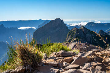Picturesque view of panoramic mountain trail on a sunny summer day. Pico do Arieiro, Madeira...