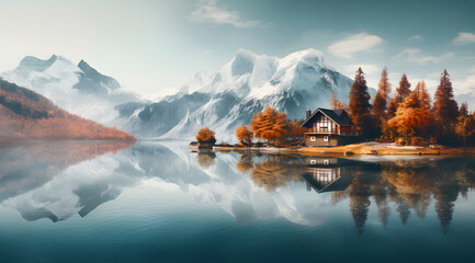 Mountains Lake House sits on a lake with mountains in the background. The house is surrounded by trees and the lake is calm and peaceful - obrazy, fototapety, plakaty
