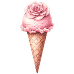 Watercolor Pink Rose Shaped Gelato in Cone, Valentine Flower Ice Cream Cone, Frozen Sweet Dessert, Isolated on Transparent Background. Generative AI