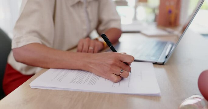 Business hands, documents signature and contract for work from home opportunity, agreement or application. Person or freelancer writing of legal paperwork, human resources policy and print for job