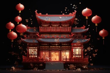 Chinese temple with red lanterns and falling leaves, 3d rendering, AI Generated