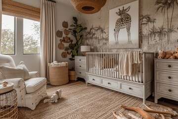 Nursery room with safari decor, featuring a giraffe wall art, tropical mural, woven accessories, soft lighting and plush toys - obrazy, fototapety, plakaty