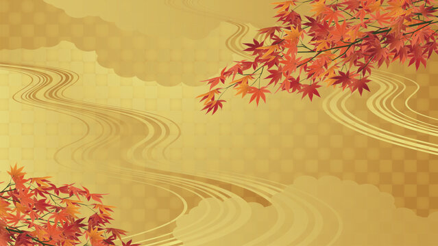 日本風の背景。秋のモミジとエ霞と金色の背景のベクターイラスト