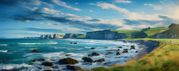 Coastal Elegance: Lush Meadows and Dramatic Cliffsides, Panoramic cliffs