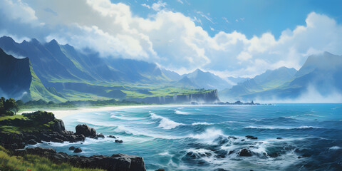 An artful tranquil seascape with gentle waves meeting a rugged coastline against a backdrop of soft dawn light