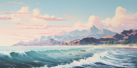 An artful tranquil seascape with gentle waves meeting a rugged coastline against a backdrop of soft dawn light