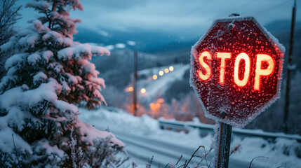 Low angle view - stop sign - headlights - mountains - snow - winter - ice - neon - glowing  - obrazy, fototapety, plakaty