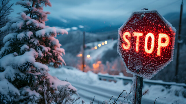 Low angle view - stop sign - headlights - mountains - snow - winter - ice - neon - glowing  - Powered by Adobe