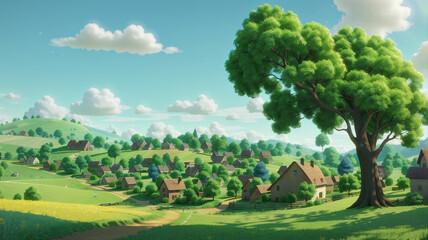 3D Animation Style a small village surrounded by beautiful