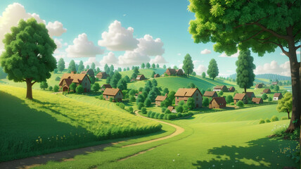 3D Animation Style a small village surrounded by beautiful