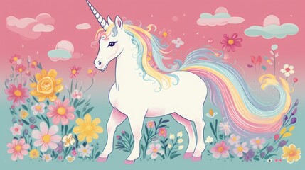 entire unicorn, full shot, risograph, riso print style, unicorn, cute, pastel colours, children’s illutration