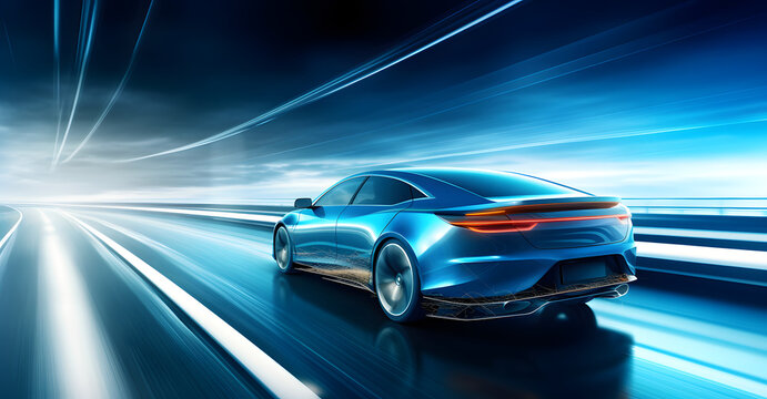 A blue car is driving down a highway. The car is moving fast and is surrounded by a blur of blue. The car is the main focus of the image, and it is in motion