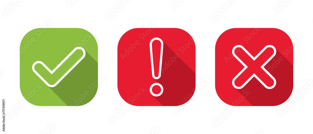 Poster check mark, exclamation point and cross line icon vector with long shadow