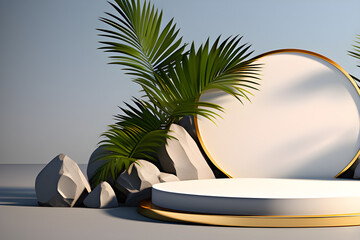 Trendy Beanstone Platform: Empty podium decorated with abstract minimalist white background, gold ring frame, pebbles, rocks and palm trees generative ai