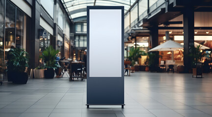 Fototapeta premium Indoor Advertising: Freestanding Display in a Shopping Gallery, Freestanding advertising display located in a shopping mall atrium, Roll up mockup 